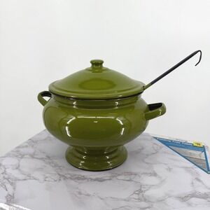 Vtg Otto Japan Green Enamel Ware Soup Tureen with Ladle 1960s MCM Black Trim